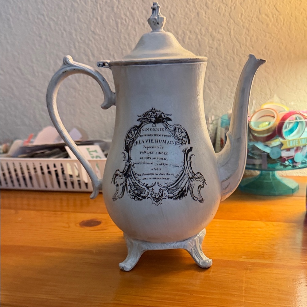 Vintage White Teapot with Black Design